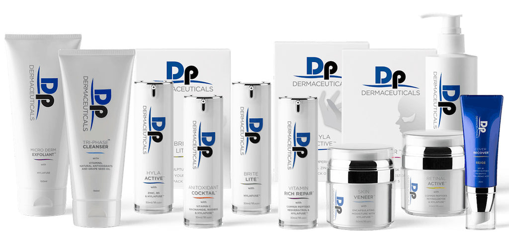 Photo of a collection of DP Dermaceutical skincare products.