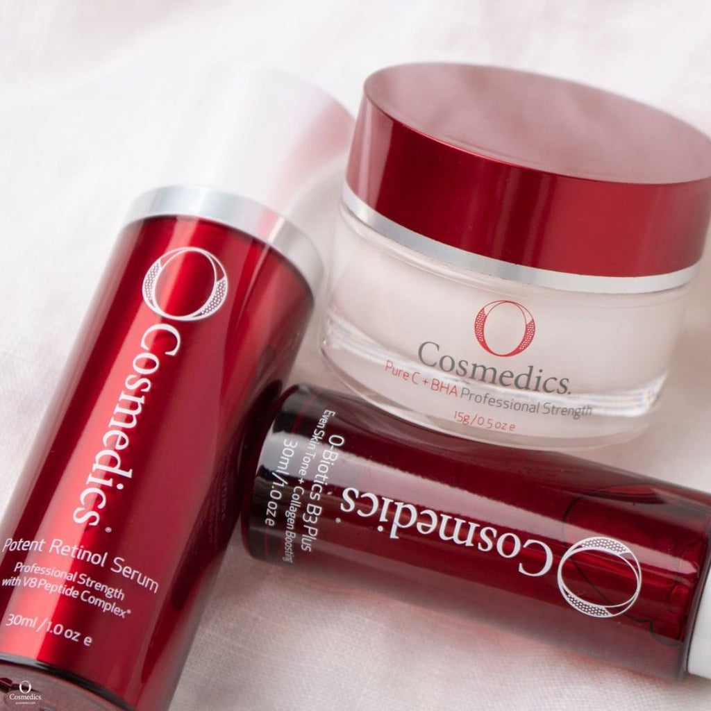 Three O Cosmetics products in red containers