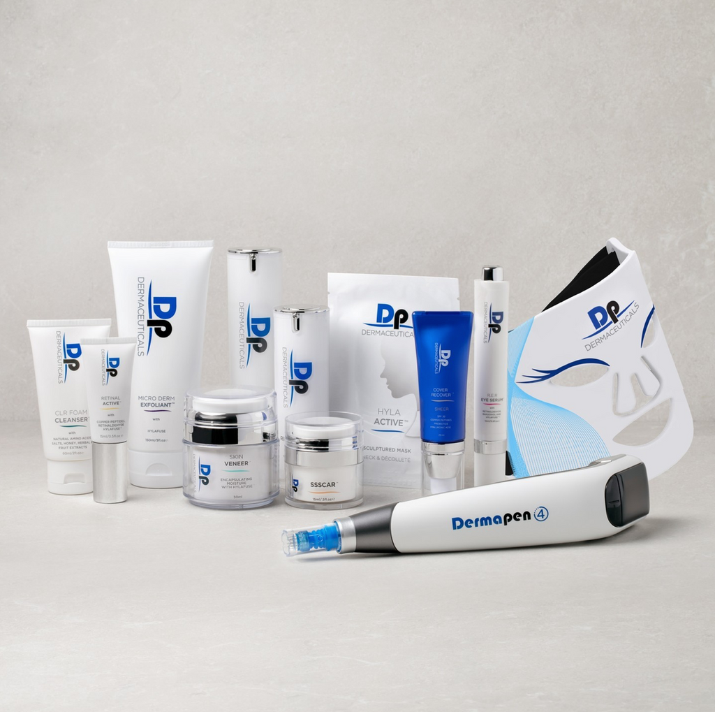 An arrangement of different DP dermaceuticals skin products and a dermapen