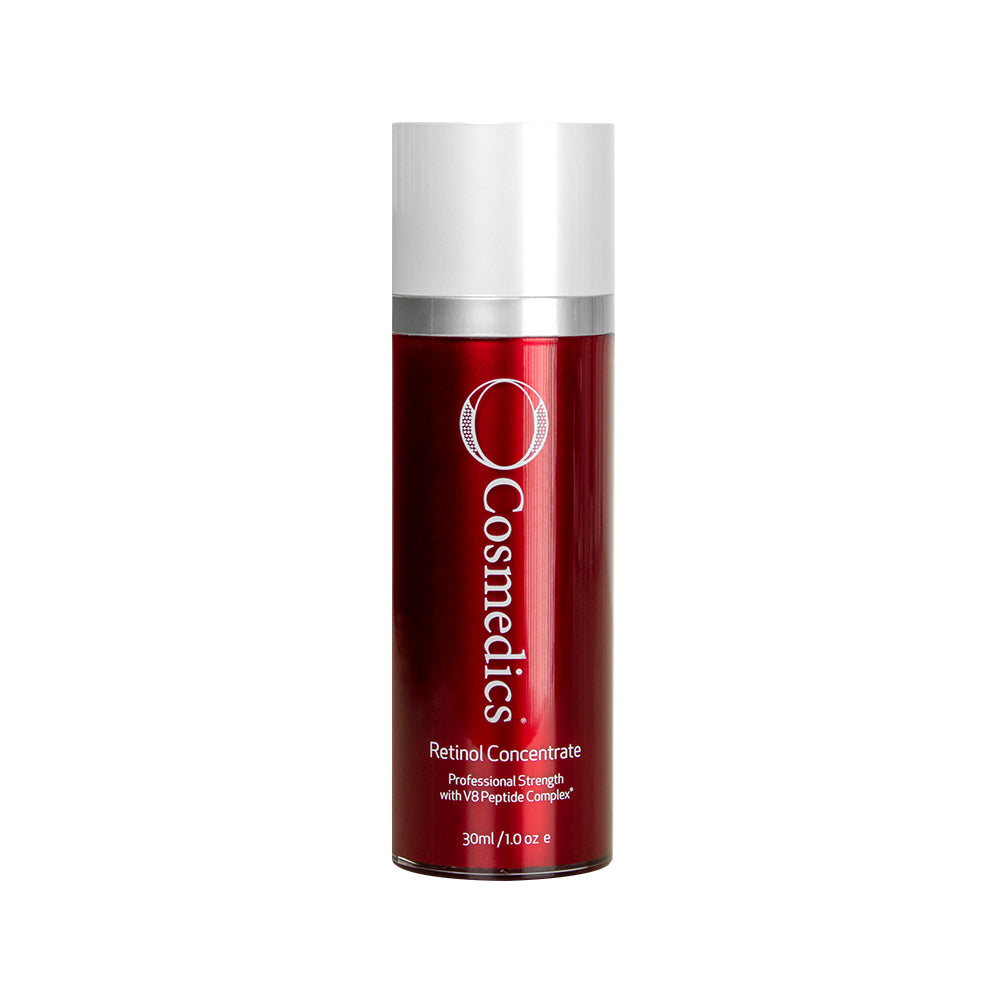 O cosmedics retinol concentrate in red container with white lid in front of white background