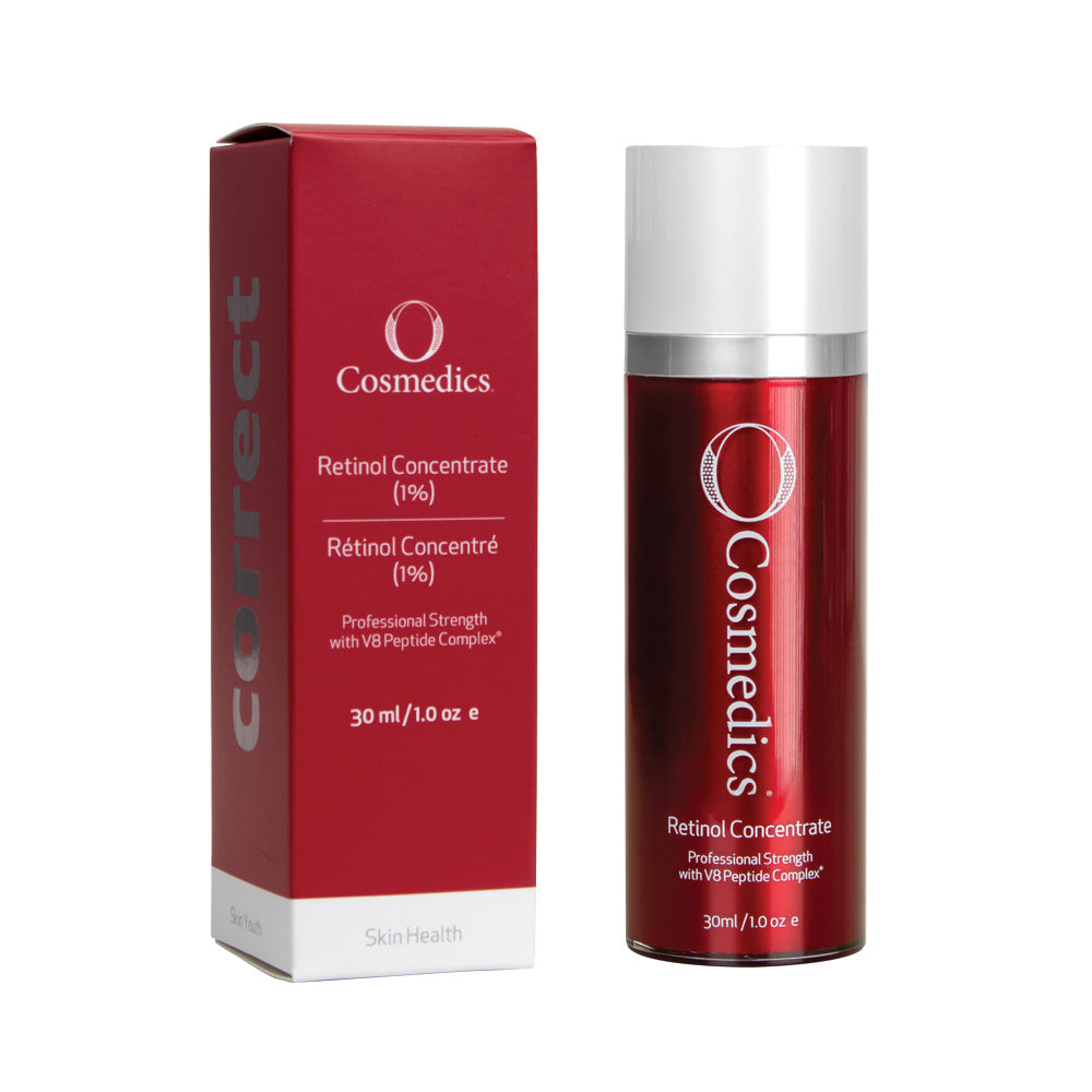 O cosmedics retinol concentrate in red container with white lid next to red packaging box in front of white background