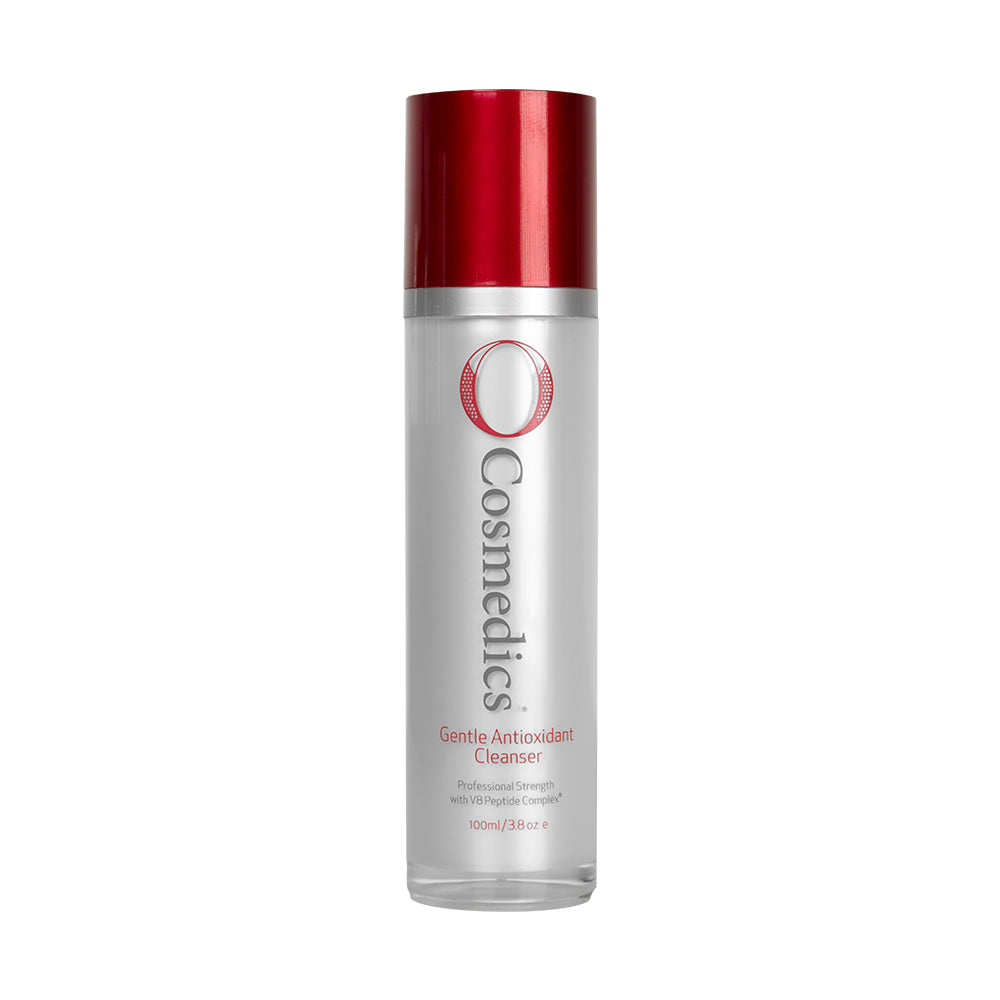 o cosmedics gentle antioxidant cleanser in grey container with red lid in front of white background