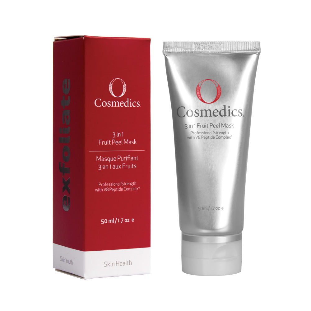 O Cosmedics 3-in-1 Fruit Peel Mask in silver container next to red product box in front of white background