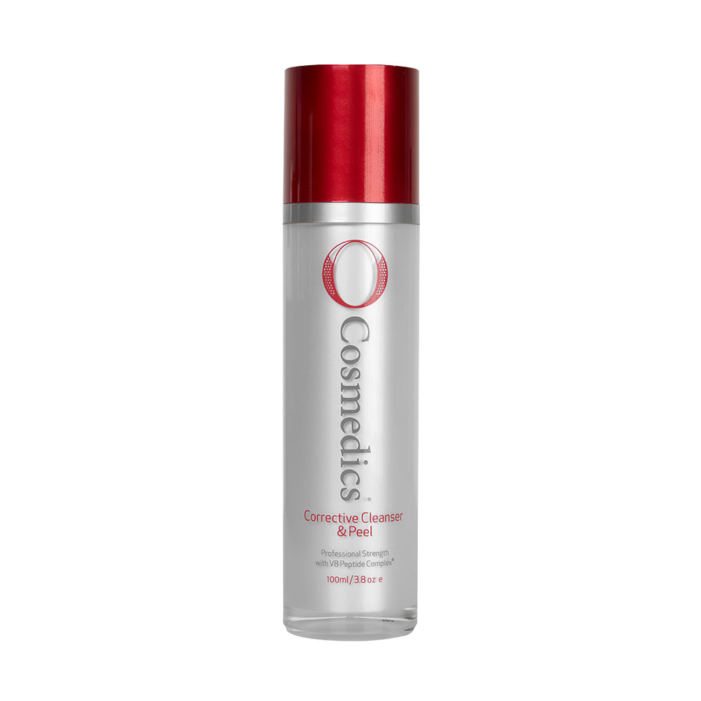 O Cosmedics corrective cleanser and peel in silver container with red lid in front of white background