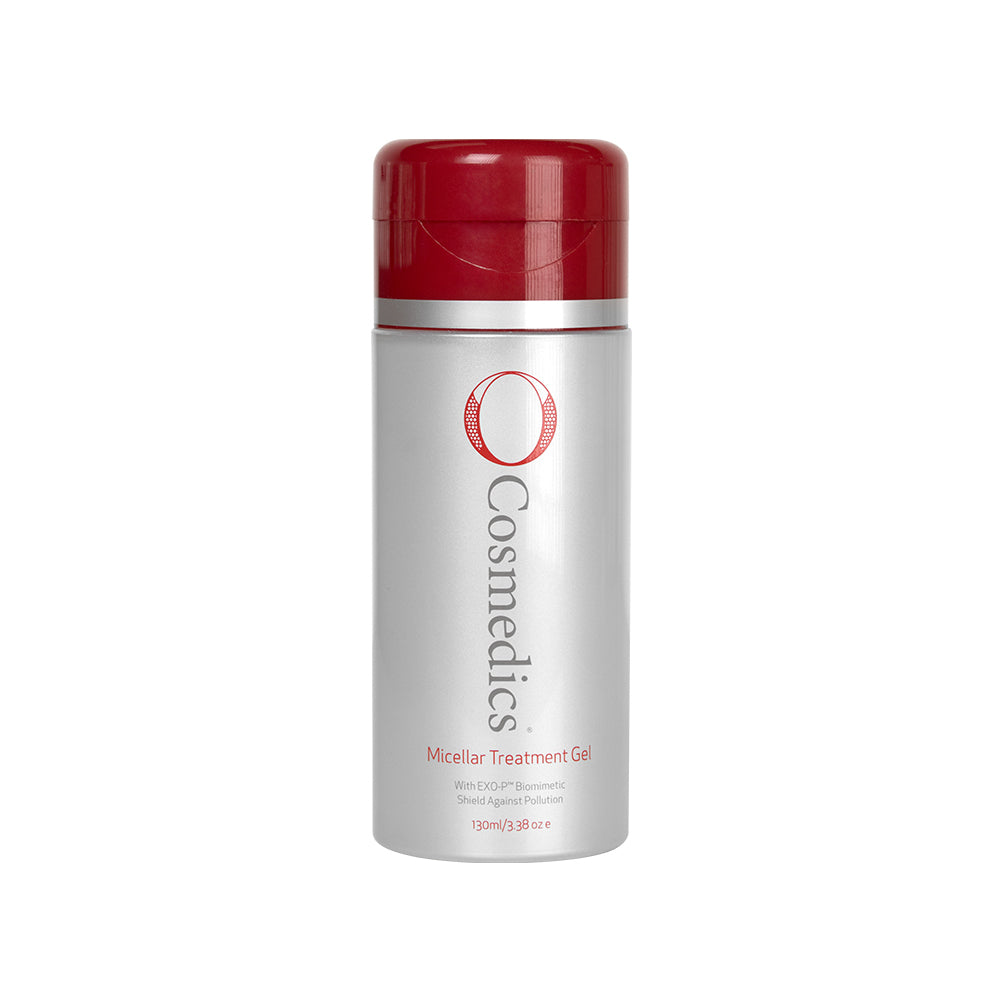 O Cosmedics Micellar gel in silver container with red lid in front of white background