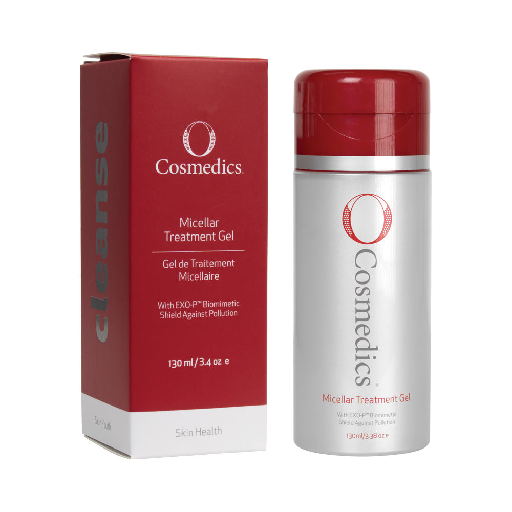 O Cosmedics Micellar gel in silver container with red lid next to red packaging box in front of white background