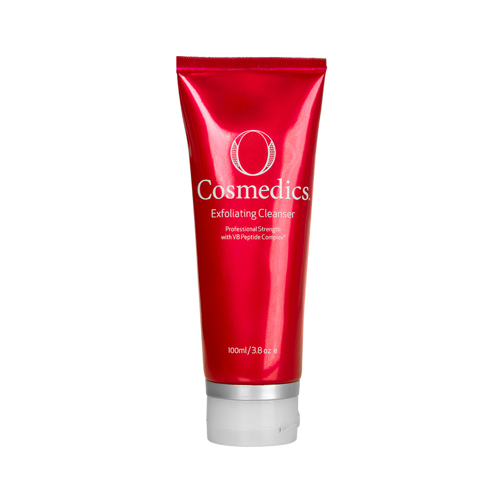 O Cosmedics exfoliating cleanser in red container with white lid in front of white background