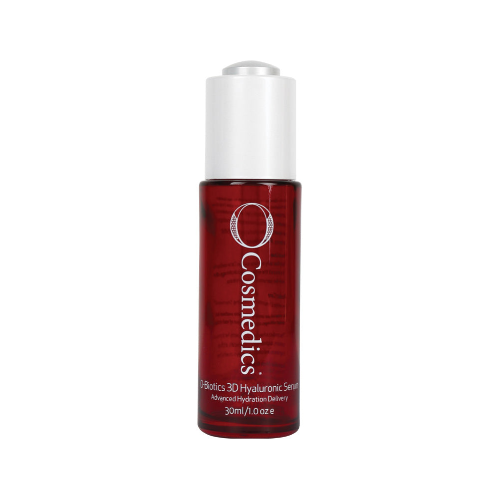 O Cosmedics 3D Hyaluronic Serum in red container with white lid in front of white background