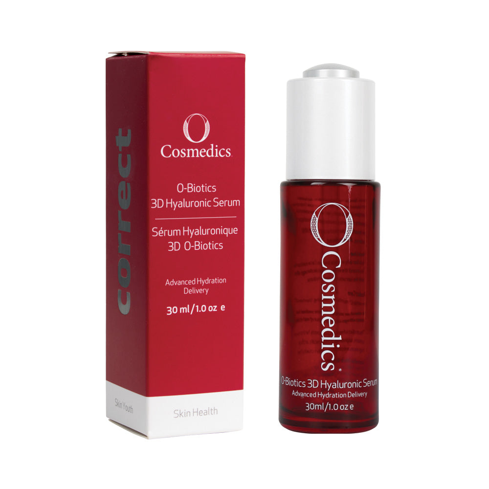 O Cosmedics 3D Hyaluronic Serum in red container with white lid next to a red product box in front of white background