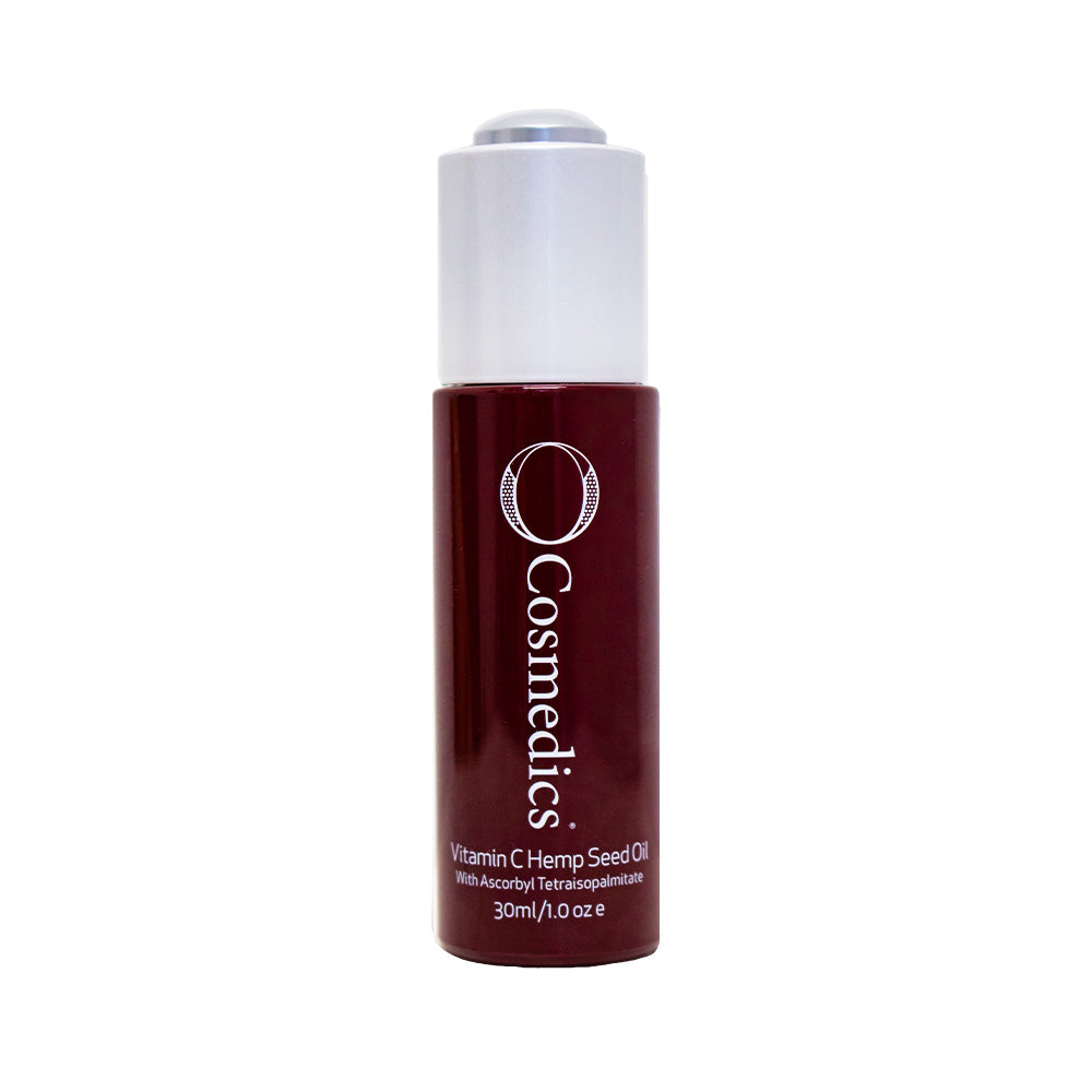 O cosmedics vitamin C hemp seed oil in maroon container with white lid in front of white background