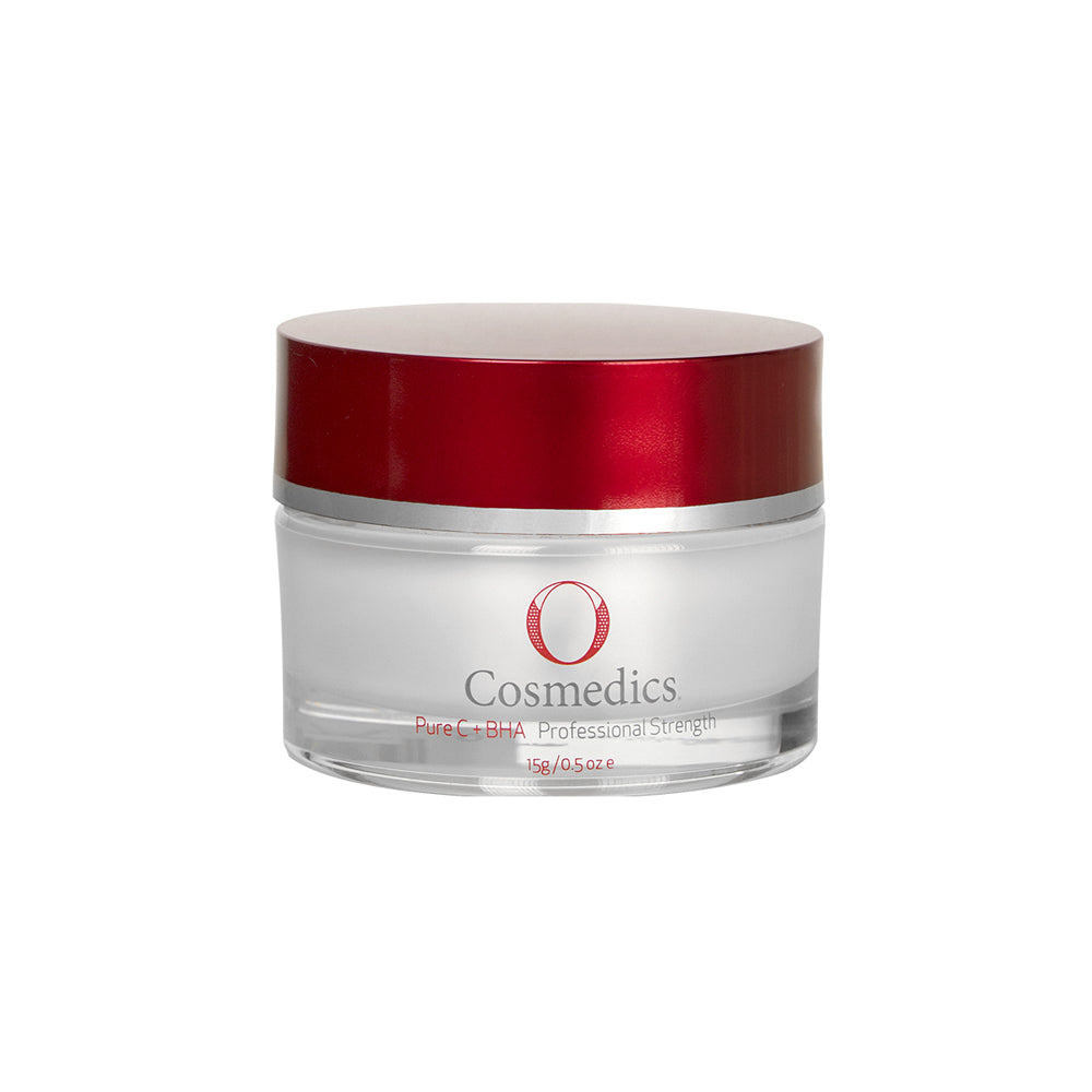 O cosmedics Pure C + BHA in clear container with red lid in front of white background
