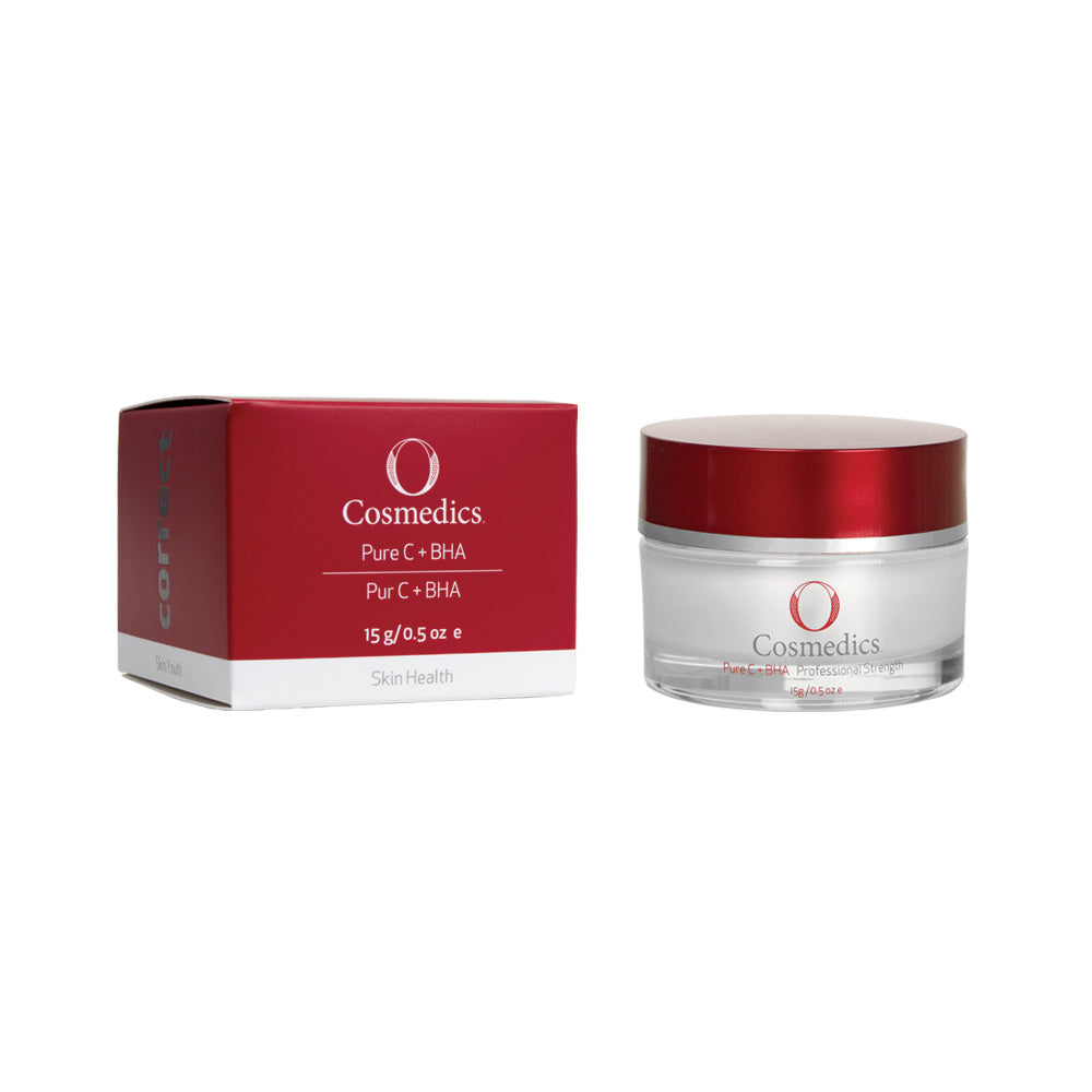 O cosmedics Pure C + BHA in clear container with red lid next to red packaging box in front of white background
