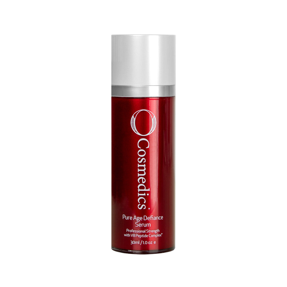 O cosmedics pure age defiance serum in red container with white lid in front of white background