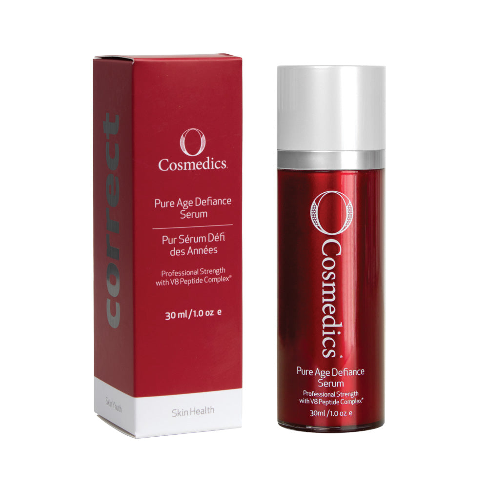 O cosmedics pure age defiance serum in red container with white lid next to red packaging in front of white background