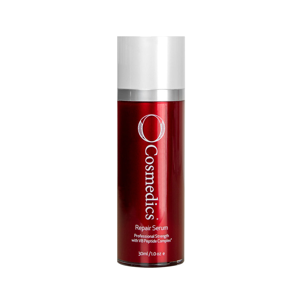 O cosmedics repair serum in red container with white lid in front of white background
