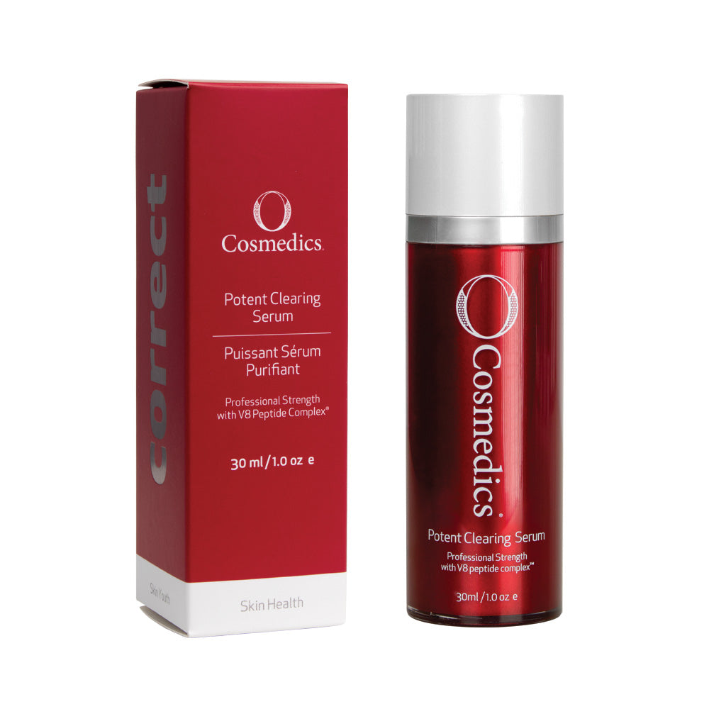 O cosmedics potent clearing serum in red container with white lid next to red packaging box in front of white background