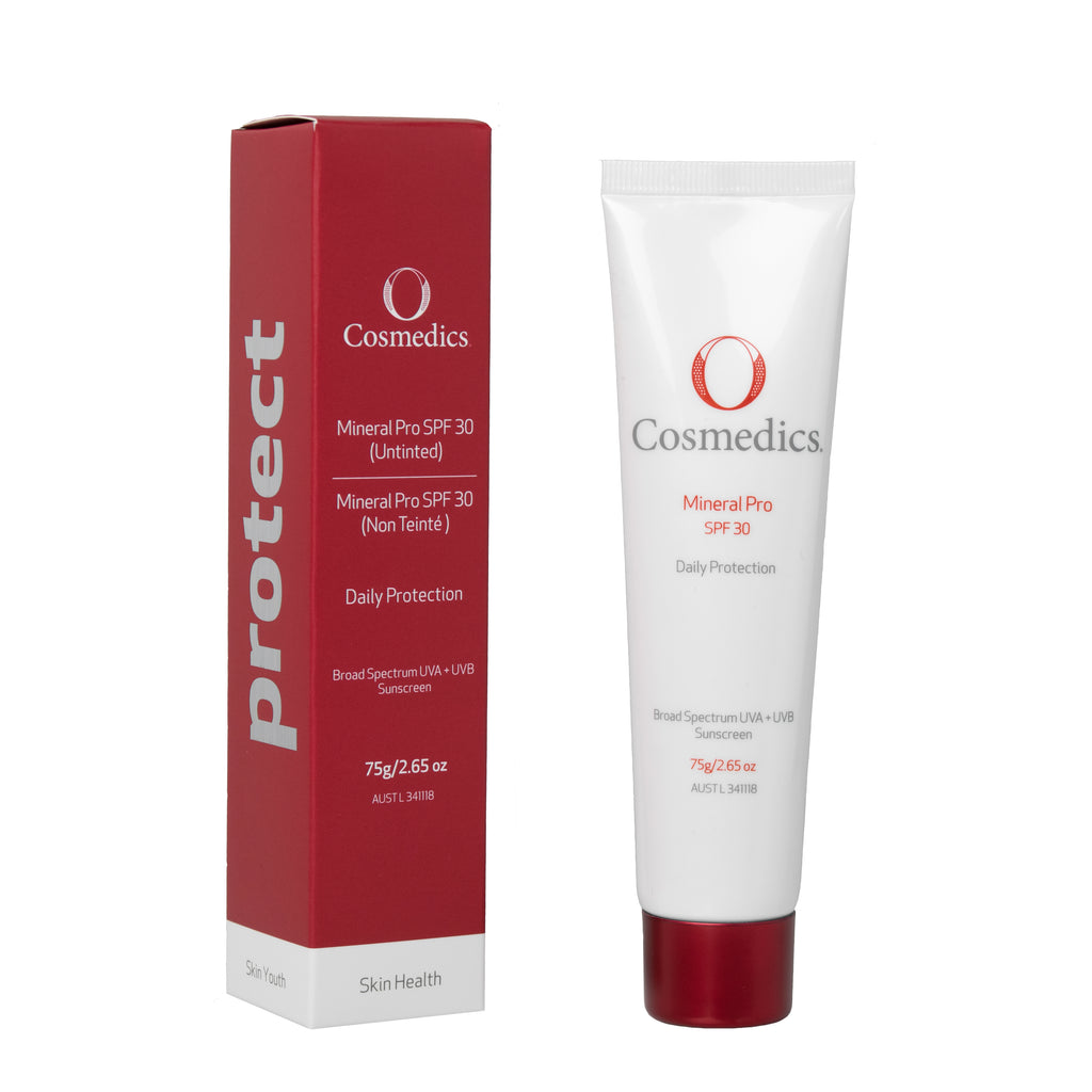 O Cosmedics mineral pro spf 30+ in white container with red lid next to red packaging box in front of white background