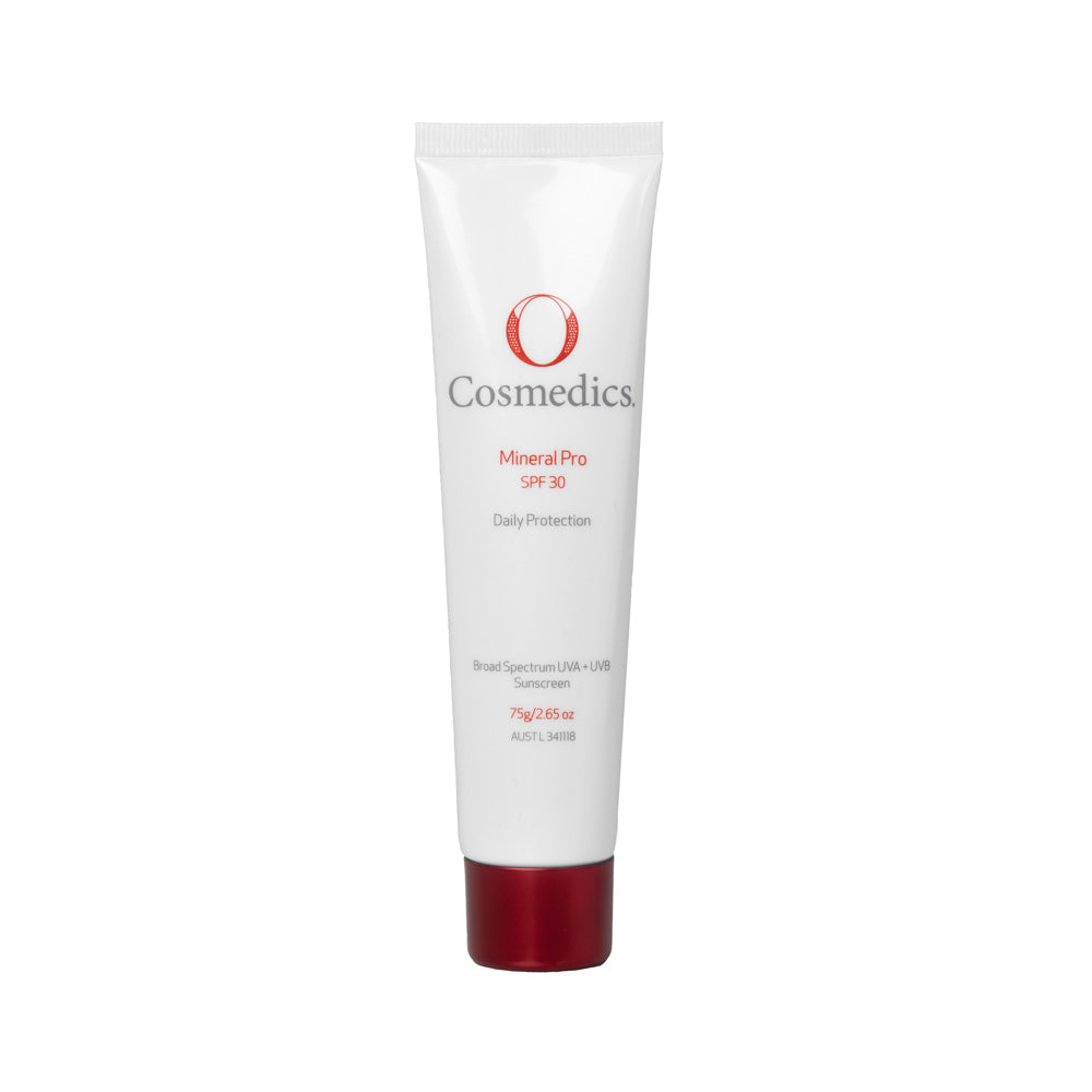 O Cosmedics mineral pro spf 30+ in white container with red lid in front of white background