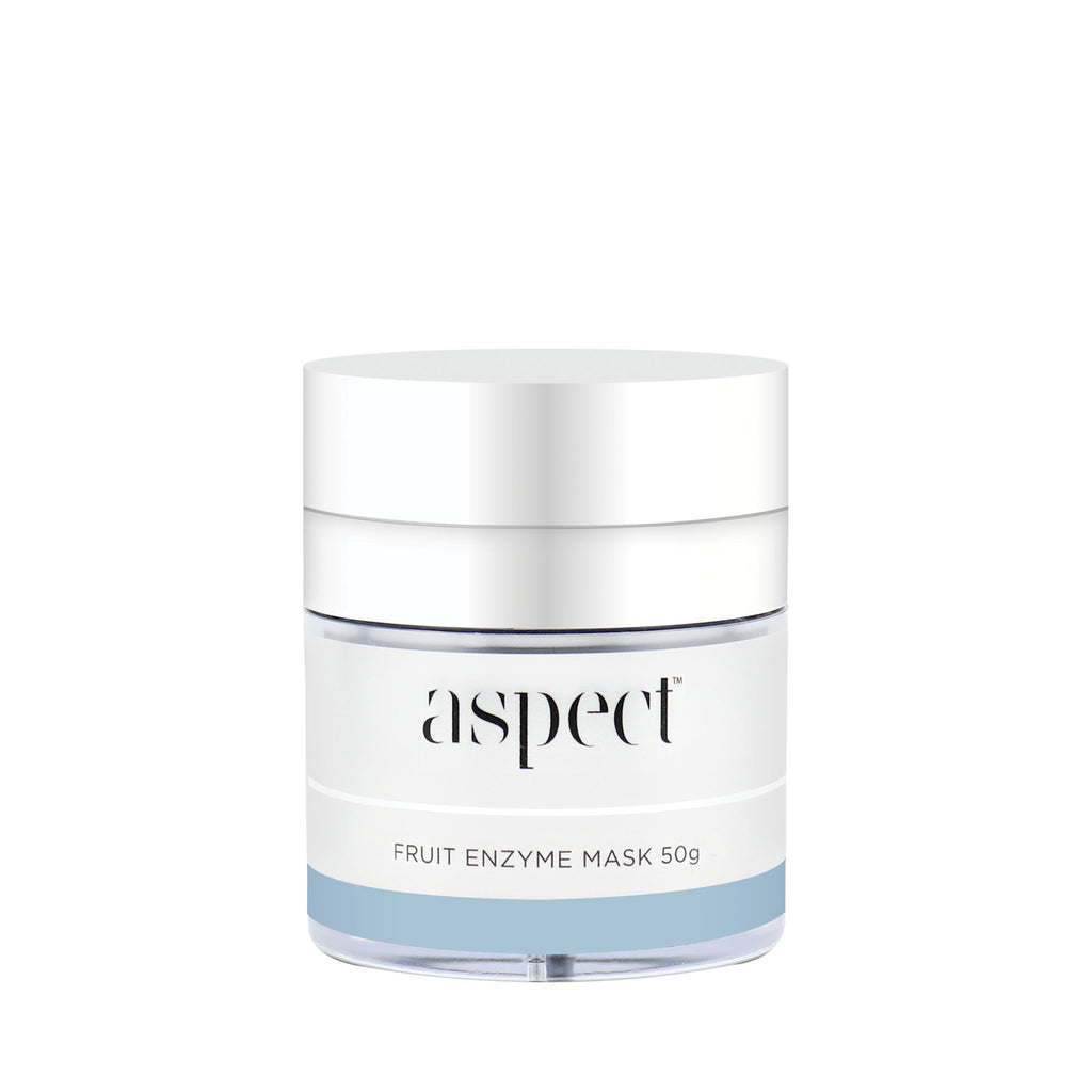 aspect skincare fruit enzyme mask in light grey container with white lid in front of white background