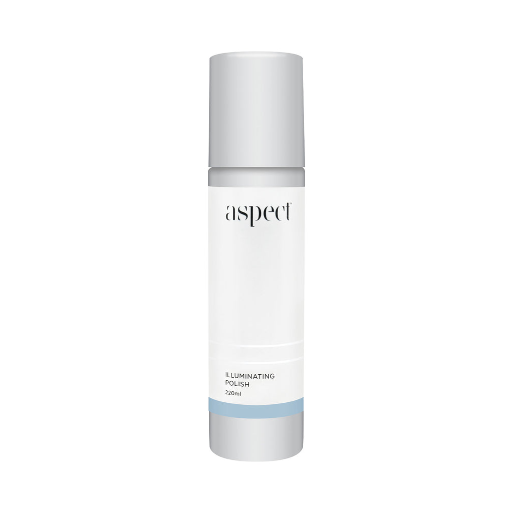 Aspect Skincare illuminating polish in light grey container with dark grey lid in front of white background