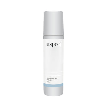 Aspect Skincare illuminating polish in light grey container with dark grey lid in front of white background