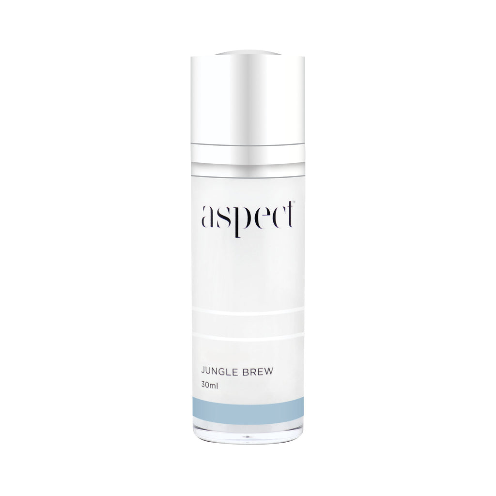 Aspect skincare jungle brew in light grey container with silver lid in front of white background