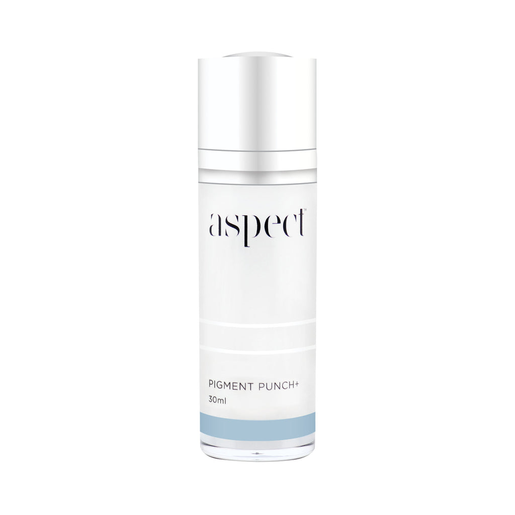 Aspect Skincare pigment punch in light grey container with silver lid in front of white background