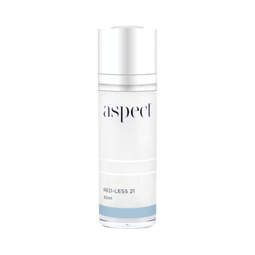 Aspect Skincare red less 21 in grey container with silver lid in front of white background