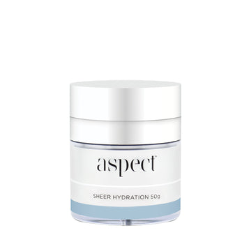 aspect skincare sheer hydration with in grey container with silver lid in front of white background