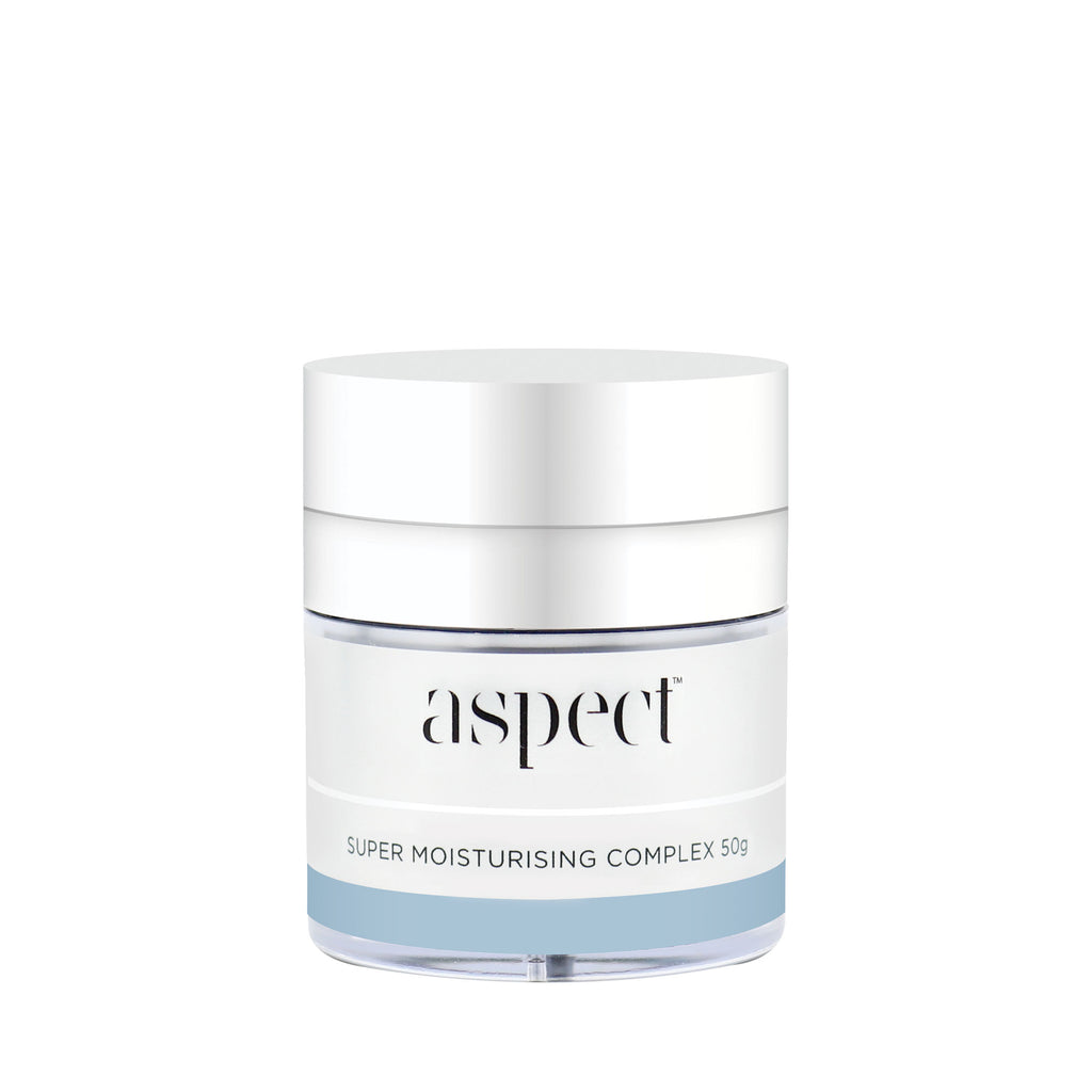 aspect skincare super moisturising complex in light grey container with silver lid in front of white background