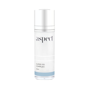 Aspect skincare super PD Complex in light grey container with silver lid in front of white background
