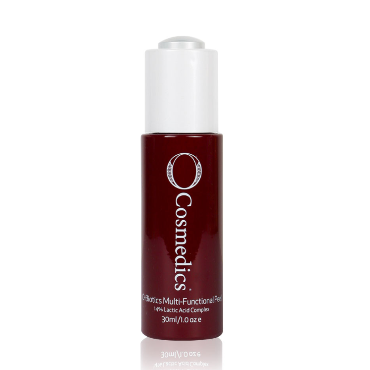 O cosmedics multifunctional peel in maroon container with white lid in front of white background