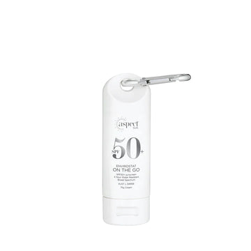Aspect Skincare envirostat on the go SPF 50+ in white container with carabiner on top in front of white background