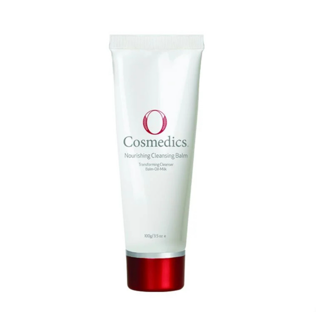 O cosmedics nourishing cleansing balm in white container with red lid in front of white background