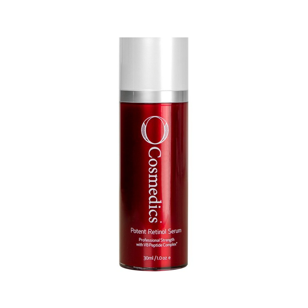 O cosmedics potent retinol serum in a red container with a white lid in front of a white background