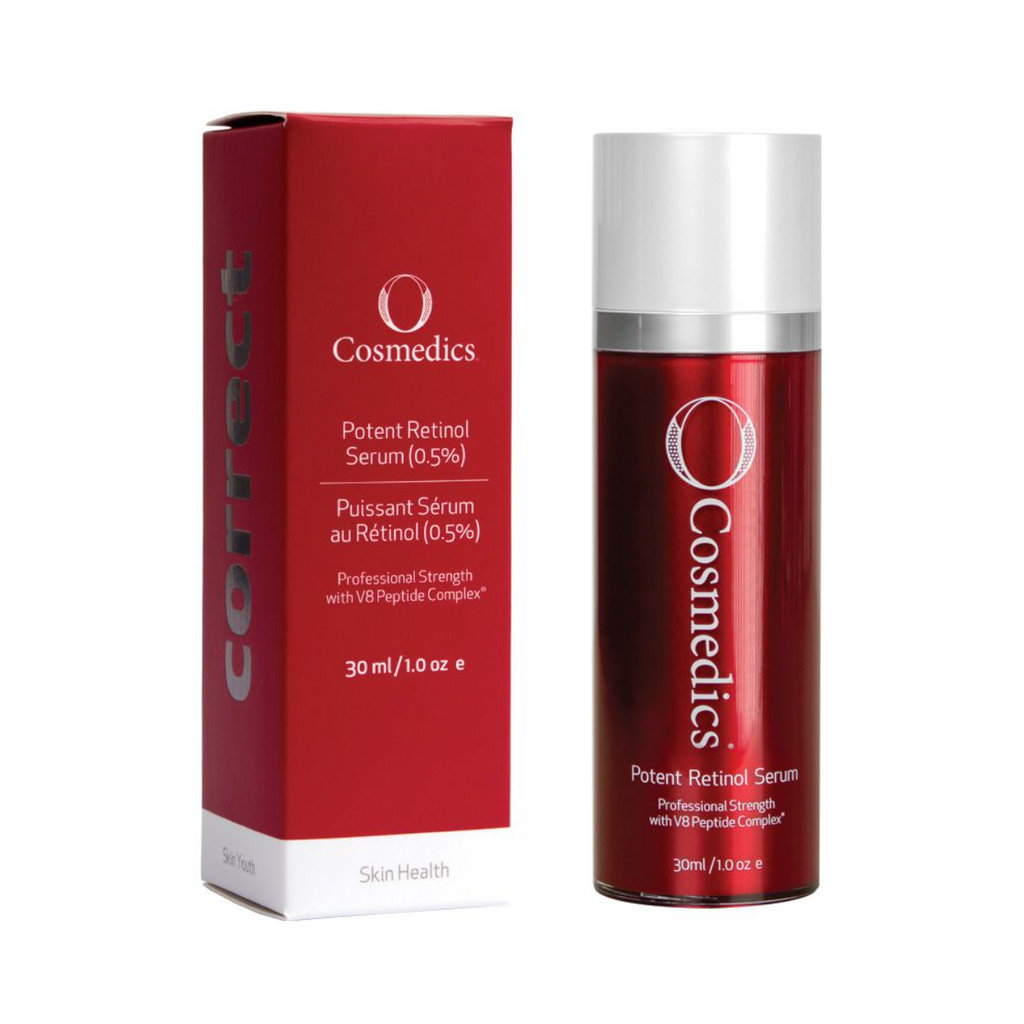 O cosmedics potent retinol serum in a red container with a white lid in next to red packaging box front of a white background