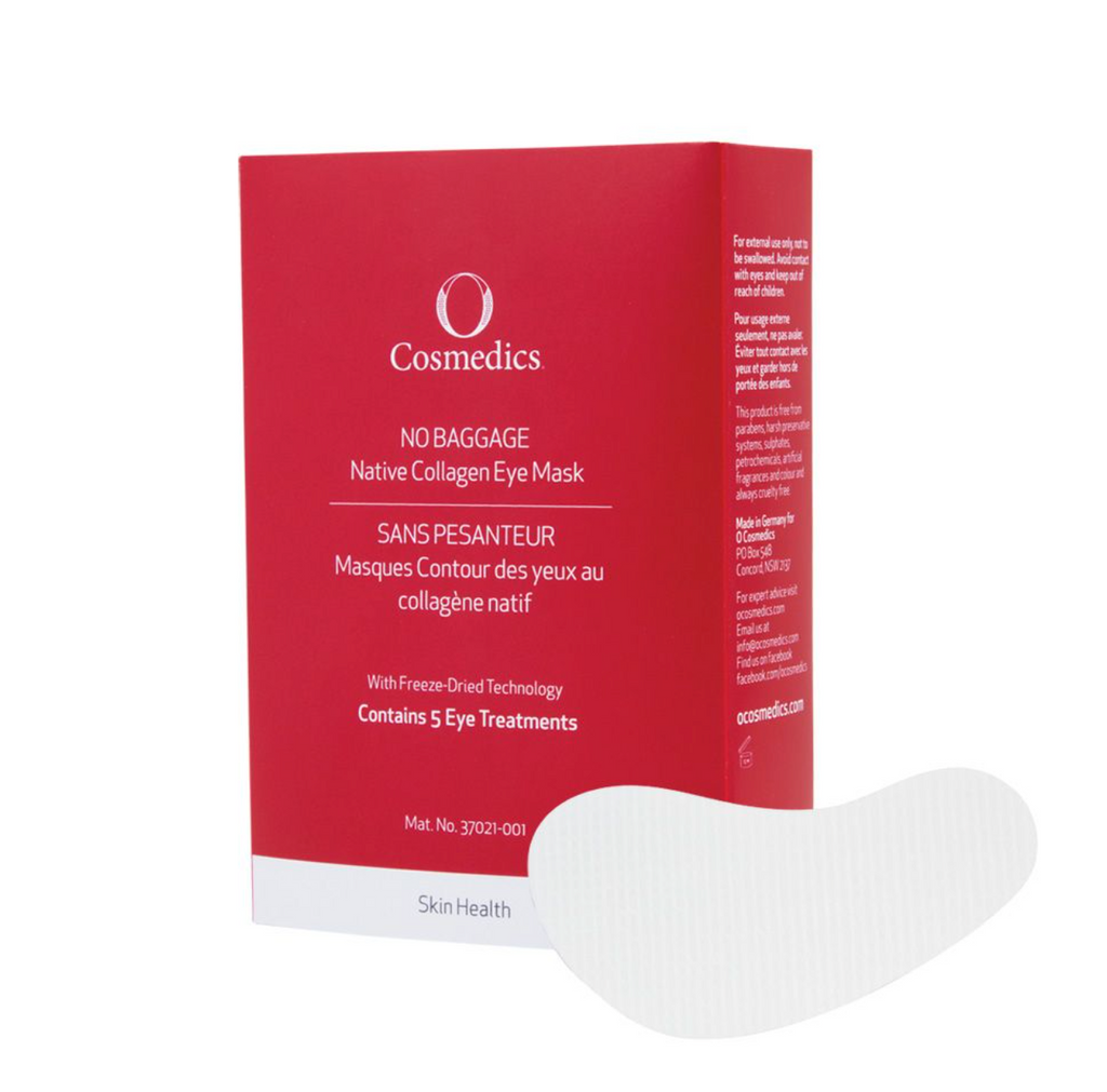 O cosmedics no baggage native collagen eye mask next to red packaging box in front of white background
