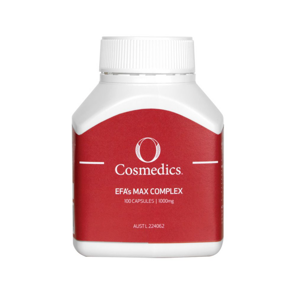 O Cosmedics EFA's Max Complex in a red container with a white lid in front of a white background