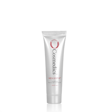 O Cosmedics medi-soothe travel in silver container in front of white background