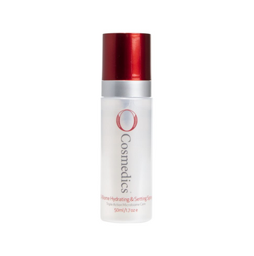 O Cosmedics O-biome hydrating and setting spray in white bottle with red lid in front of white background