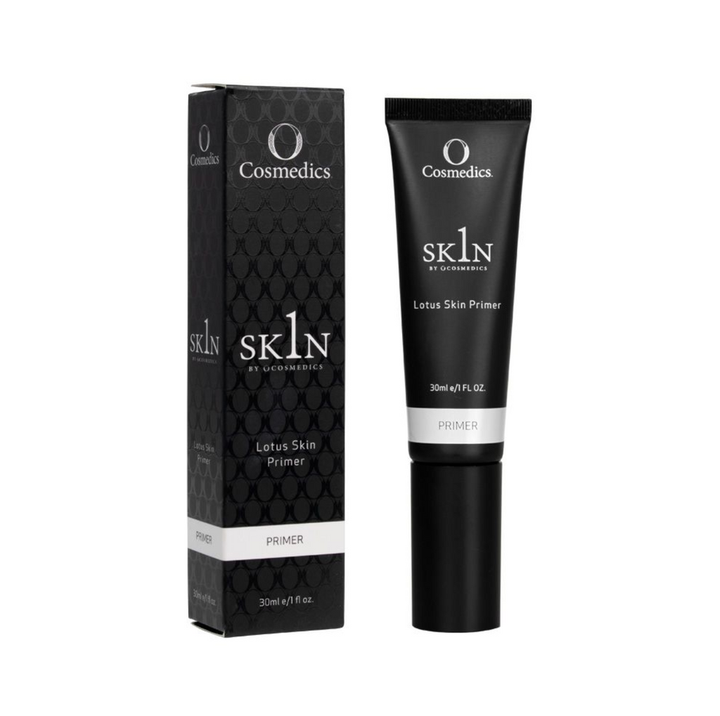 1skin lotus skin primer in black container next to product box in front of a white background