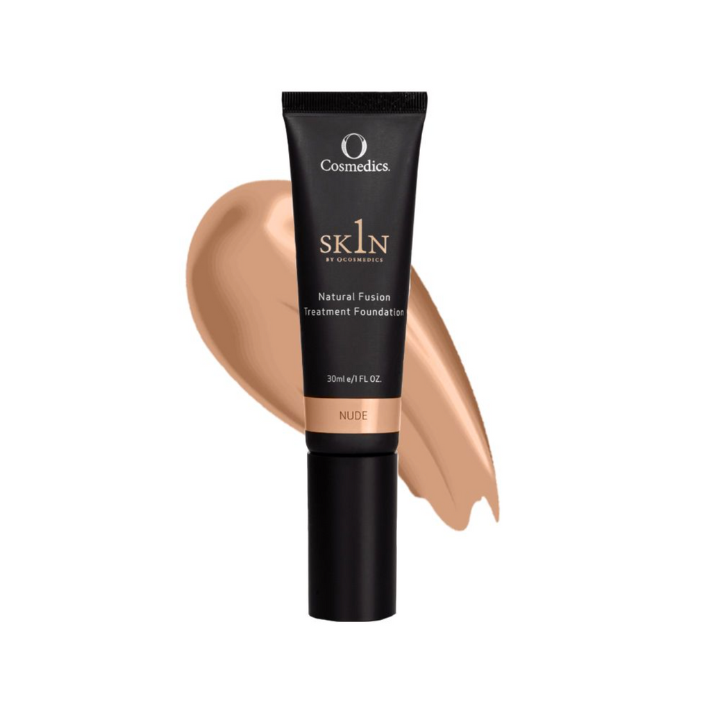 1skin nude natural fusion treatment foundation in front of a tan smear and a white background