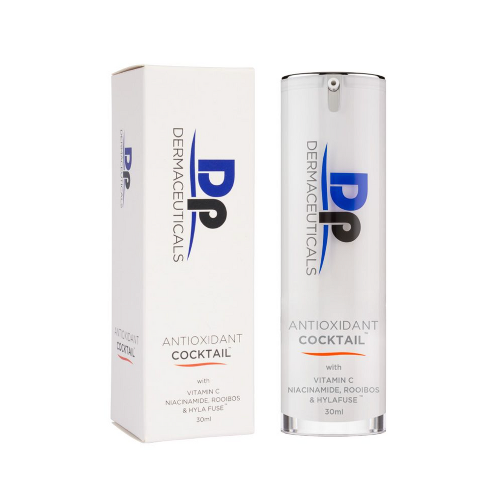 DP Dermaceuticals antioxidant cocktail in white container next to white product box in front of white background