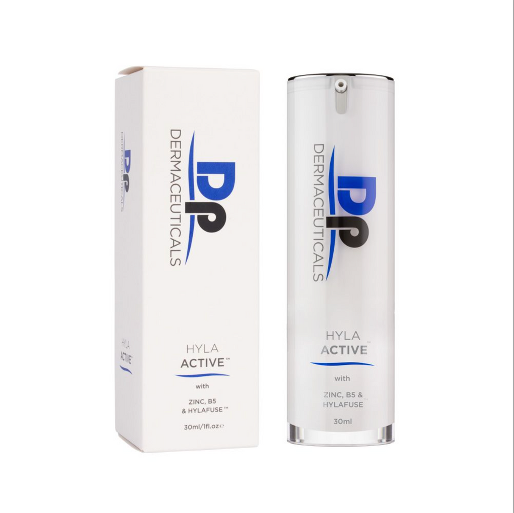DP Dermeceuticals Hyla Active in white container next to white packaging box in front of white background