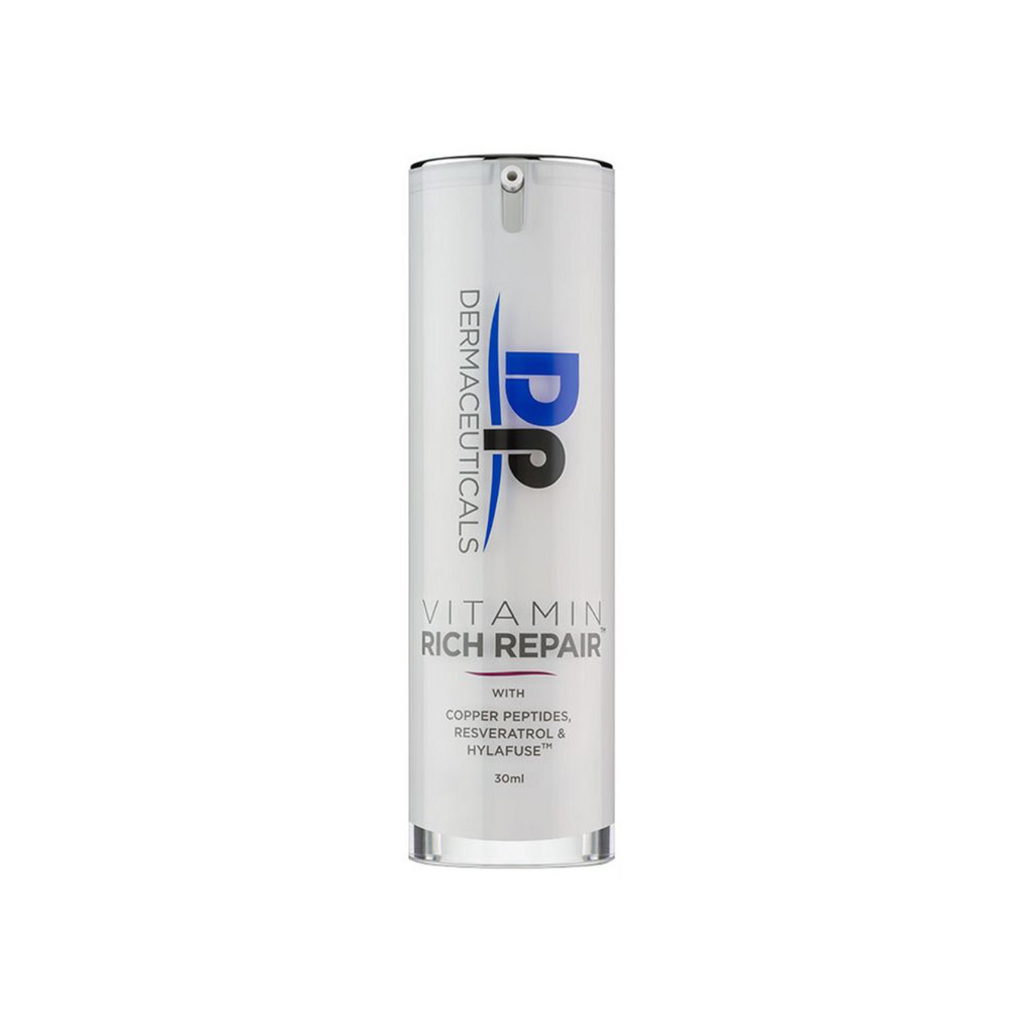 DP Dermaceuticals vitamin rich repair in white container in front of white background