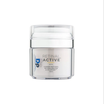 Dp dermacueticals retinal active cream in clear container with silver lid in front of white background