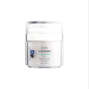 DP dermaceuticals skin veneer in transparent container with transparent lid in front of white background