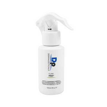 DP Dermaceuticals CliniPrep in a white bottle with a nozzle in front of a white background