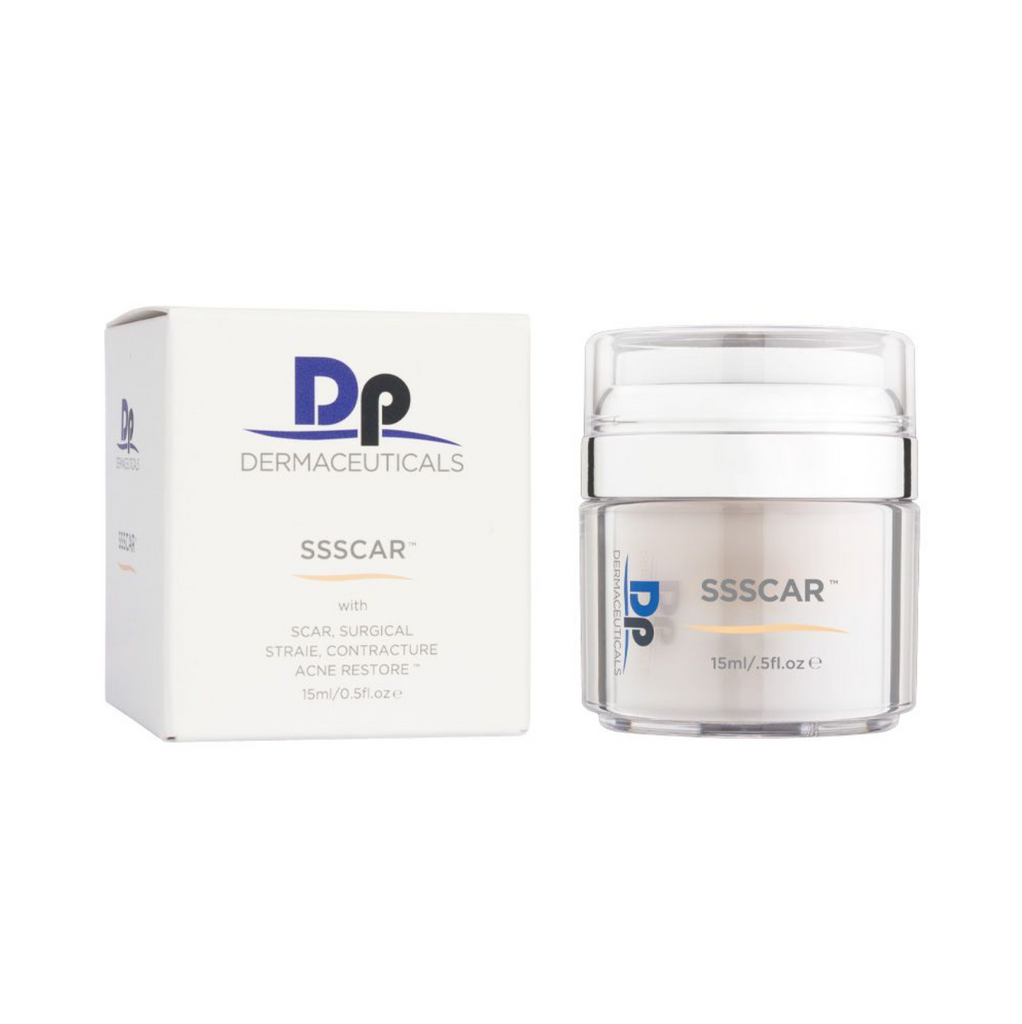 DP Dermaceuticals SSSCAR in transparent container with transparent lid next to white packaging box in front of white background