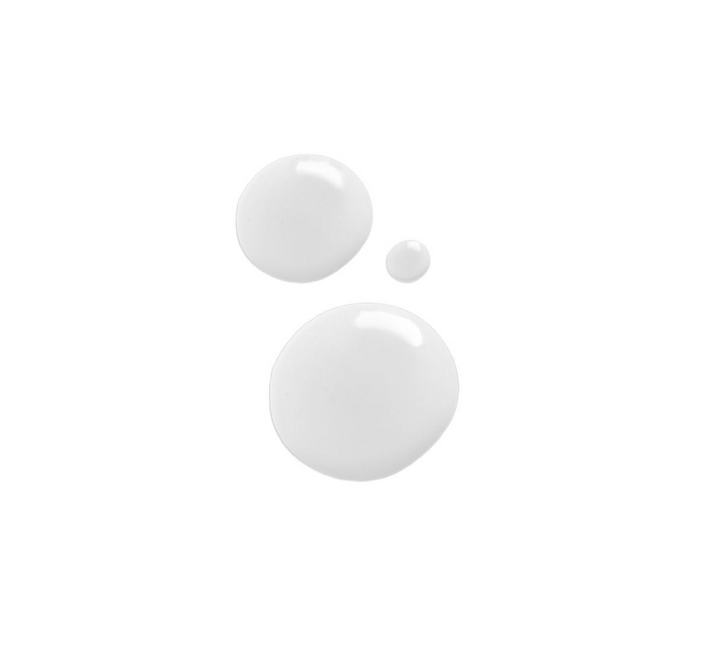Two large white globules of liquid and one small white globule of liquid in front of a white background